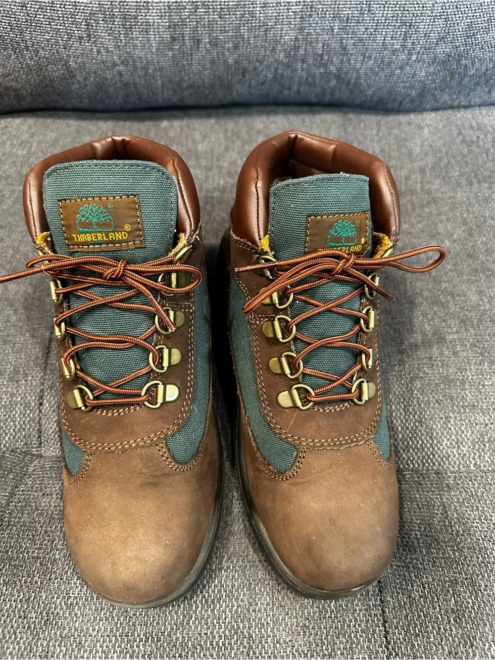 Timberland Brown and Green Fabric Hiking Boots Beef and Broccoli Boys Size 4.5